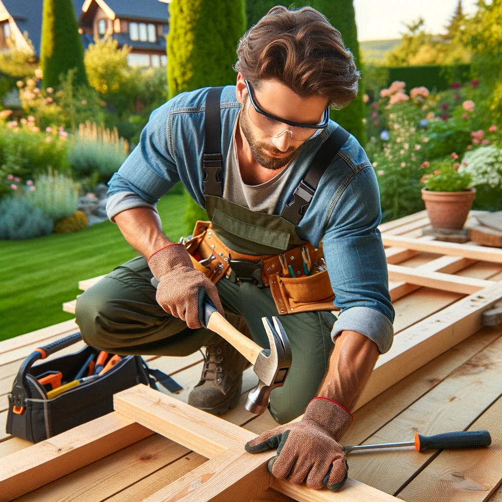 en man bygger terrass